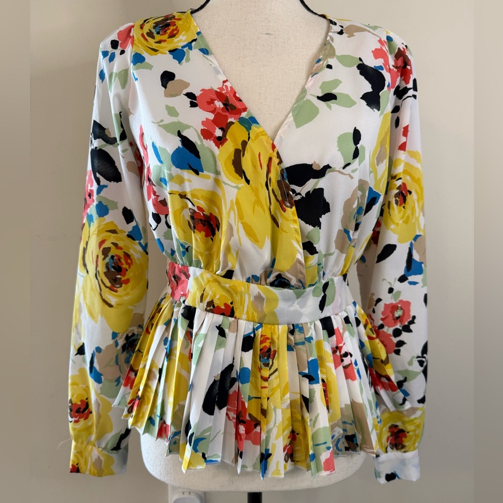 Freeway White Floral Pleated Peplum Blouse with Yellow, Coral & Blue Accents